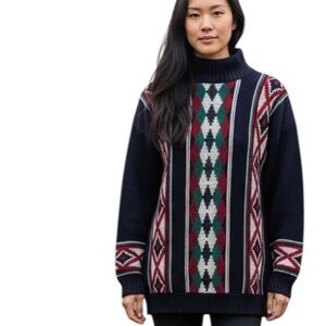 Vintage Geometric Knit Turtleneck Sweater | Black Red Green Pattern | Cozy
